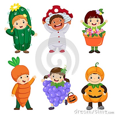 Vector cartoon of cute kids in plant costumes set. Carnival clot Vector Illustration