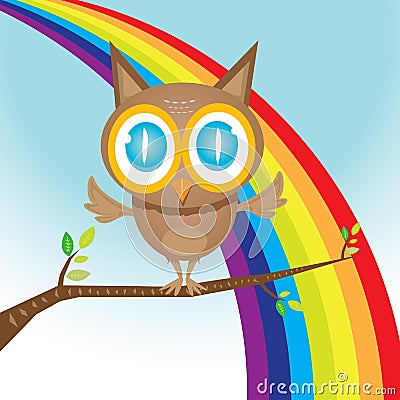 Vector cartoon cute little owl bird on tree branch Vector Illustration