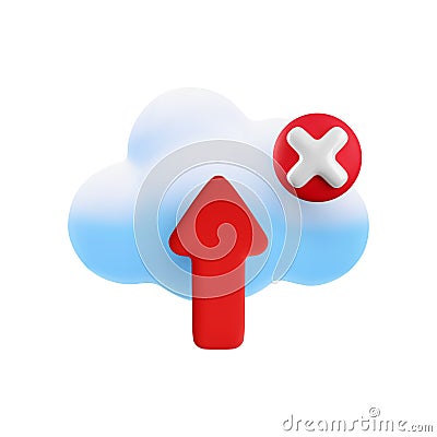 Vector cartoon 3d cloud computing error icon. Realistic render of cloud, upload arrow and red cross x sign. Digital Vector Illustration