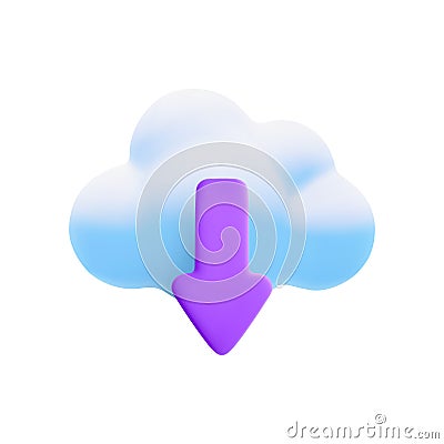 Vector cartoon 3d cloud computing icon. Realistic render of cloud and violet download or upload arrow. Data storage Vector Illustration