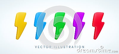 Vector cartoon 3d color lightning flash icon set. Minimal 3d Render of thunder and bolt, colorful thunderstorm sign Vector Illustration