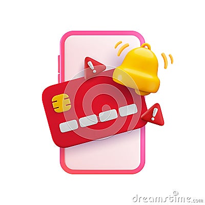Vector cartoon 3d credit card notification mobile app. Realistic 3d render credit, exclamation mark in red triangle and Vector Illustration
