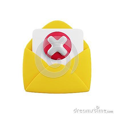Vector cartoon 3d error message icon. 3d render open envelope with sheet and red x cross sign. Warning email sign Vector Illustration