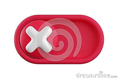 Vector cartoon 3d turn off switch button. Minimal realistic 3d red toggle switch slider with red cross icon. Setting Vector Illustration