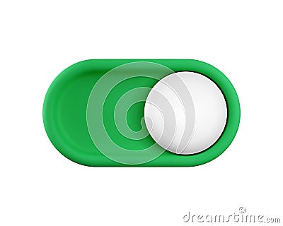 Vector cartoon 3d turn on switch button. Cute realistic 3d green toggle switch slider with white button. Setting toggle Vector Illustration