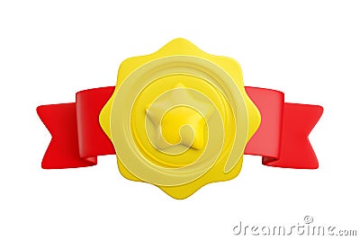 Vector cartoon 3d wavy round medal with star on red horizontal folded ribbon realistic icon. Trendy gold sport or Vector Illustration