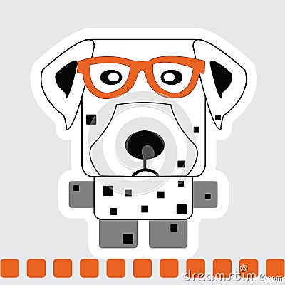 Vector cartoon of Dalmatian dog in square shape in with orange glasses Vector Illustration
