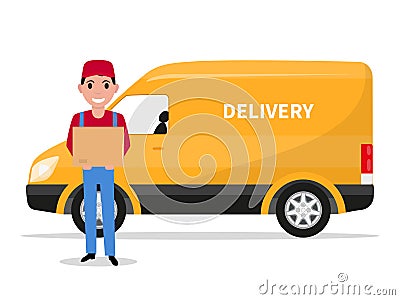 Vector cartoon delivery man with carton box a car Vector Illustration