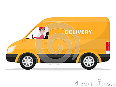 Vector cartoon delivery van truck with deliveryman Vector Illustration
