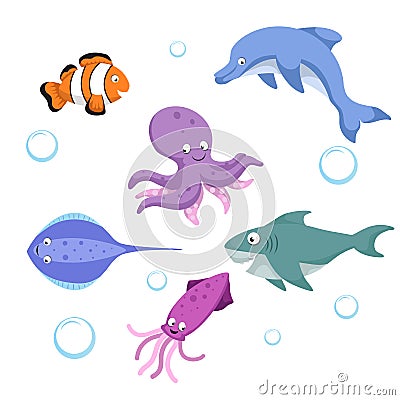 Vector cartoon different sea and ocean animals set. Isolated vector illustration. Clownl fish, octopus, stingray, shark, dolphin, Vector Illustration