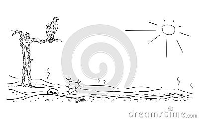 Vector Cartoon Drawing of Arid Desert Landscape Illustration With Vulture Sitting on Dead Tree Vector Illustration