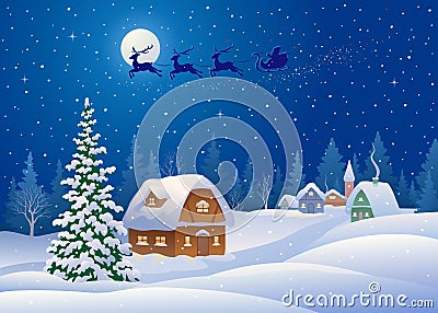 Christmas wonderland snowy night village Vector Illustration