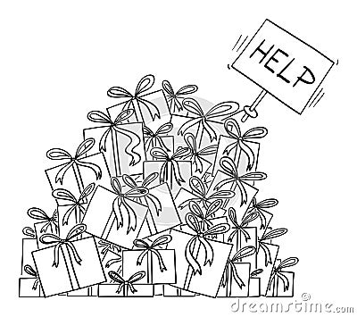 Vector Cartoon Drawing or Illustration of Big Pile of Christmas Gifts or Presents. Hand Is Ticking Out With Help Sign Vector Illustration