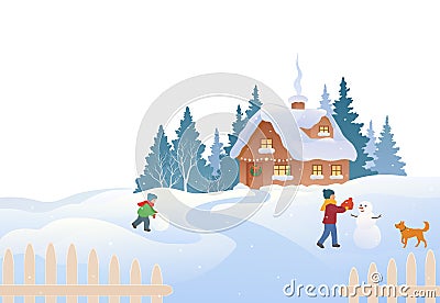 Country cottage winter scene Vector Illustration