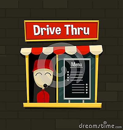 Vector cartoon drive thru menu board fast food business snack dish quick simple idea with brick wall background illustration Vector Illustration