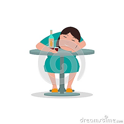 Vector cartoon drunken woman sleeping table Vector Illustration