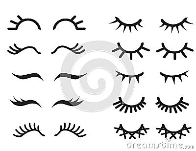 Vector cartoon eyelashes set.Long, fake eyelashes extension.Closed eyes.Different types of eyelash extensions. icon collection Vector Illustration