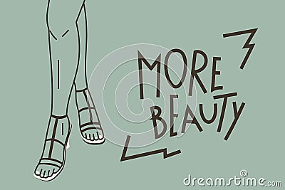 Vector cartoon fashion banner with inscription More Beauty. Women legs in trendy high heel sandals. Shoe advertising Vector Illustration