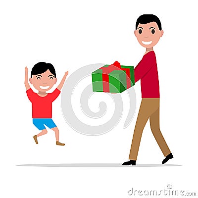 Vector cartoon father giving her son a present Vector Illustration