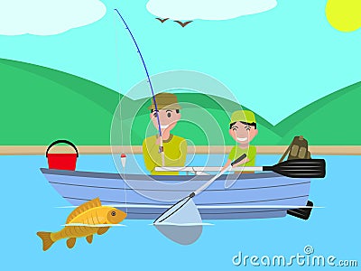 Vector cartoon father son together fishing boat Vector Illustration