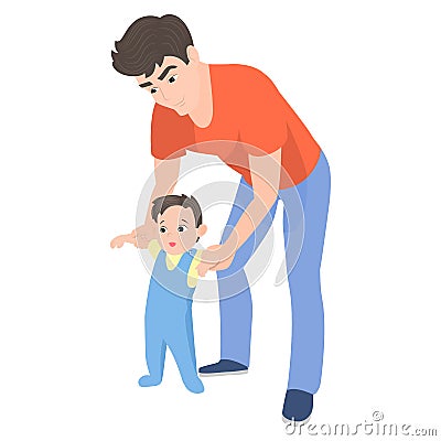 Vector cartoon father teaching his son to walk Vector Illustration