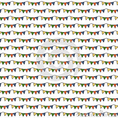 Vector Cartoon Festival triangle Flag Garlands Seamless Pattern. Hand drawn Holiday Party Decoration. Simple multicolor background Vector Illustration