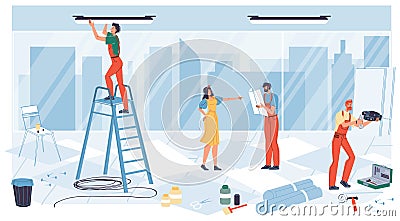 Flat cartoon industrial workers characters at office repair renovation work,vector illustration concept Vector Illustration