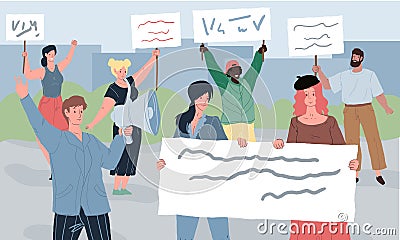 Flat cartoon positive characters on peaceful demonstration-diversity and peace,international friendship solidarity Vector Illustration