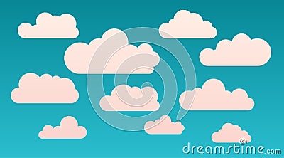 Vector cartoon flat shape clouds set isolated on a blue background. Abstract cloudscape, heaven and sky with warm colors. Template Vector Illustration