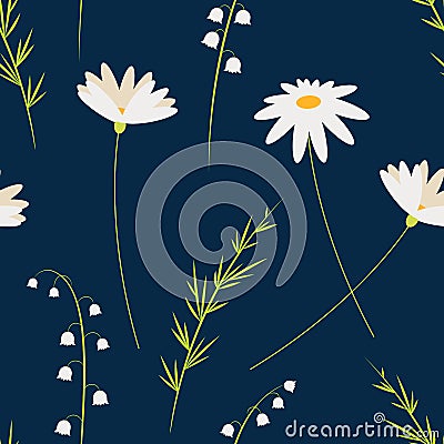 Vector cartoon flowers. Chamomiles and Lily of the valley. Seamless floral pattern. Fashion style for easter prints, batik and Vector Illustration