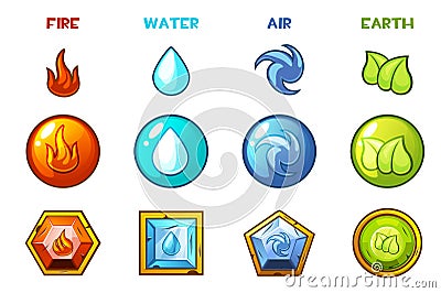 Cartoon four natural elements icons - Earth, Water, Fire and Air Vector Illustration