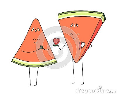 Vector cartoon fruit heroes isolated on white background. Colorful hand drawn illustration. Watermelon couple in love Vector Illustration