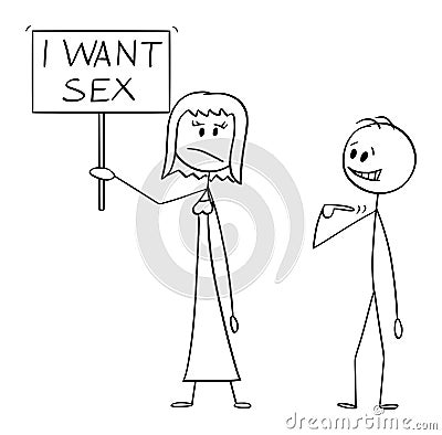 Vector Cartoon of Frustrated Woman Holding I Want Sex Sign, Man Offers Yourself as Lover Vector Illustration