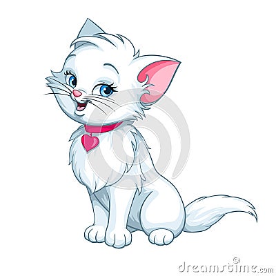 Vector cartoon fun cute white kitten happy Vector Illustration