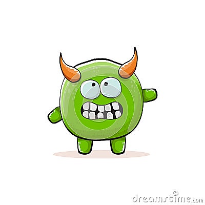 Vector cartoon funky green monster with horn isolated on white background. Smiling silly green monster print sticker Vector Illustration