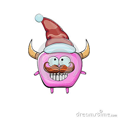 Vector cartoon funky pink monster with Santa Claus red hat isolated on white background. Funny and cute Childrens Merry Stock Photo