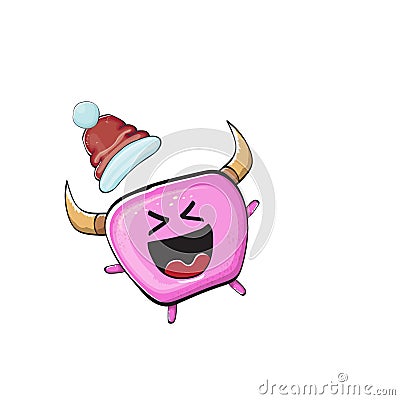 Vector cartoon funky pink monster with Santa Claus red hat isolated on white background. Funny and cute Childrens Merry Vector Illustration