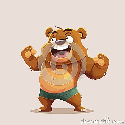 Vector cartoon funny brown bear character with strong muscles showing biceps. Vector Illustration