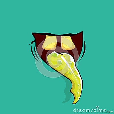 Vector cartoon funny zombie monster mouth with rotten teeth and green tongue isolated on an azure background. Vector Vector Illustration