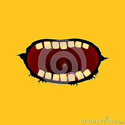 Vector cartoon funny zombie monster open mouth with rotten teeth isolated on orange background. Vector Halloween Vector Illustration