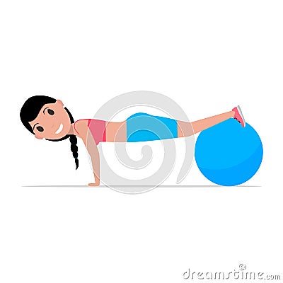 Vector cartoon girl doing exercises fitness ball Vector Illustration