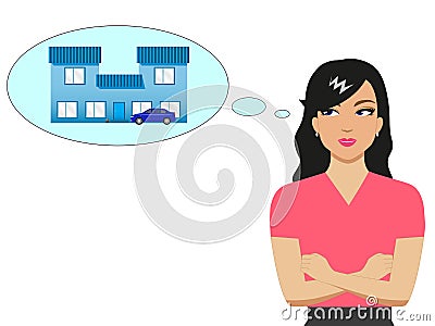 Vector cartoon girl dreaming of a house and a car Vector Illustration