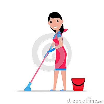 Vector cartoon girl mop and bucket washes floors Vector Illustration