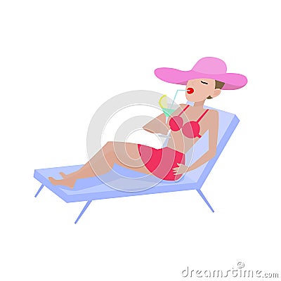 Vector cartoon girl in swimsuit lies on deckchair Vector Illustration