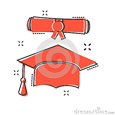 Vector cartoon graduation cap and diploma scroll icon in comic s Vector Illustration