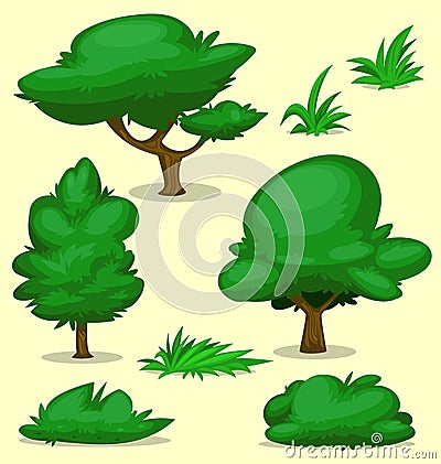 Vector cartoon green tree bush grass template set collection Vector Illustration