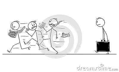 Vector Cartoon of Group of Men or Businessmen Running Away from Auditor, Inspector or Examiner Vector Illustration