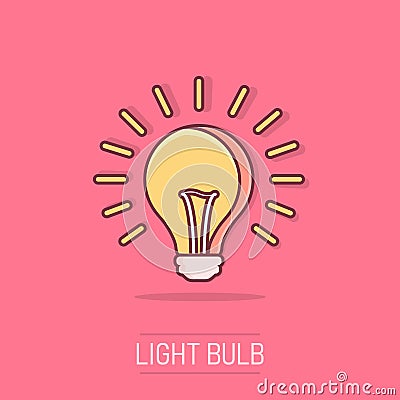 Vector cartoon halogen lightbulb icon in comic style. Light bulb sign illustration pictogram. Idea business splash effect concept Vector Illustration