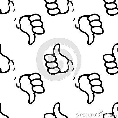 Vector pattern of a cartoon hand with a raised finger.Seamless pattern of a hand-drawn black outline of a hand with a raised thumb Vector Illustration