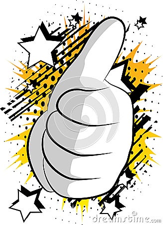 Vector cartoon hand thumbs up sign on comic book background. Vector Illustration